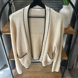 OAK + FORT Cream Cardigan with pockets and Black Accents Womens medium